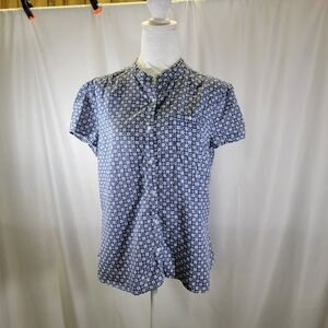L.L. Bean Womens CAP sleeve Blouse Shirt 100% Cotton Blue Geometric Print Size M